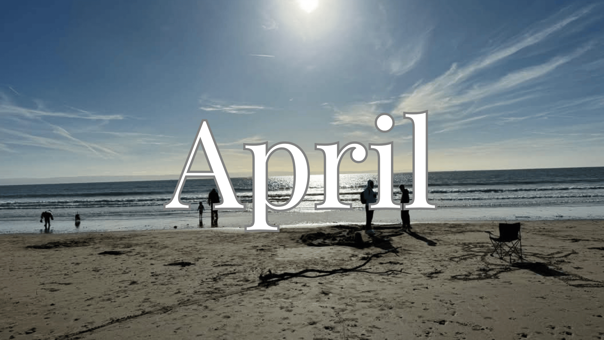 The word April overlayed on a picture of Trecco bay beach